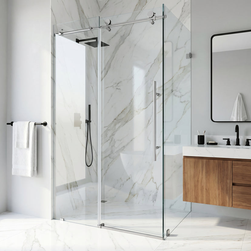 Elan E-Class 34 in. L x 46 in. W x 76 in. H Frameless Sliding Rectangle Shower Enclosure and Satro 3-Piece Bath Hardware Set in Chrome
