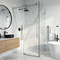 Elan E-Class 34 in. L x 46 in. W x 76 in. H Frameless Sliding Rectangle Shower Enclosure and Satro 3-Piece Bath Hardware Set in Chrome