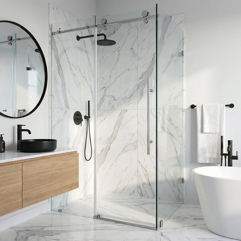 Elan E-Class 34 in. L x 46 in. W x 76 in. H Frameless Sliding Rectangle Shower Enclosure and Satro 3-Piece Bath Hardware Set in Chrome