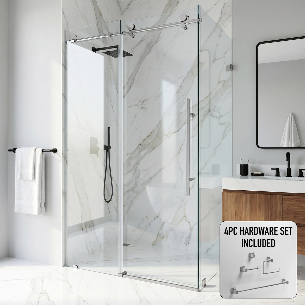 Elan E-Class 34 in. L x 46 in. W x 76 in. H Frameless Sliding Rectangle Shower Enclosure and Meridian 4-Piece Bath Hardware Set in Chrome