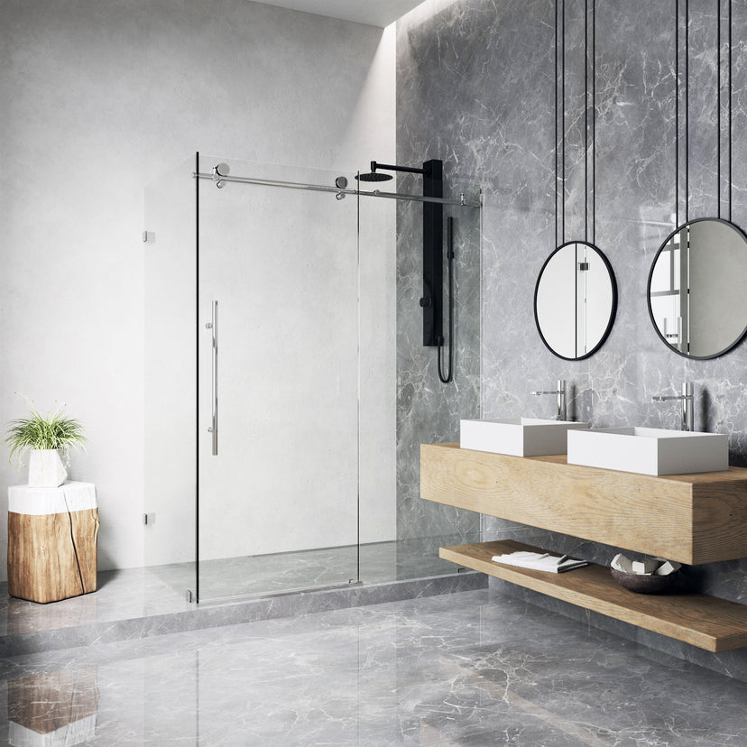Elan E-Class 34 in. L x 46 in. W x 76 in. H Frameless Sliding Rectangle Shower Enclosure and Meridian 4-Piece Bath Hardware Set in Chrome