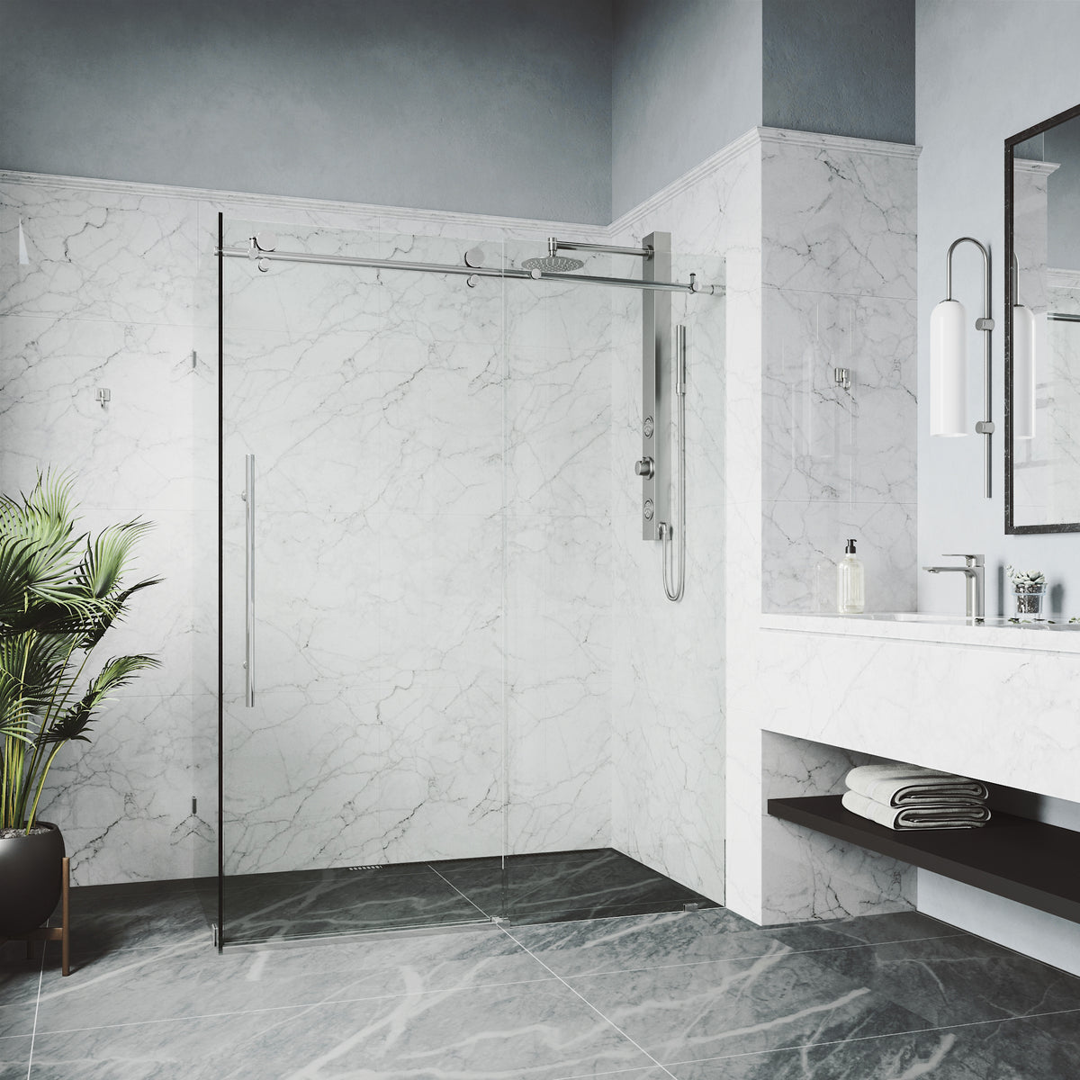 Elan E-Class 34 in. L x 46 in. W x 76 in. H Frameless Sliding Rectangle Shower Enclosure and Meridian 4-Piece Bath Hardware Set in Chrome