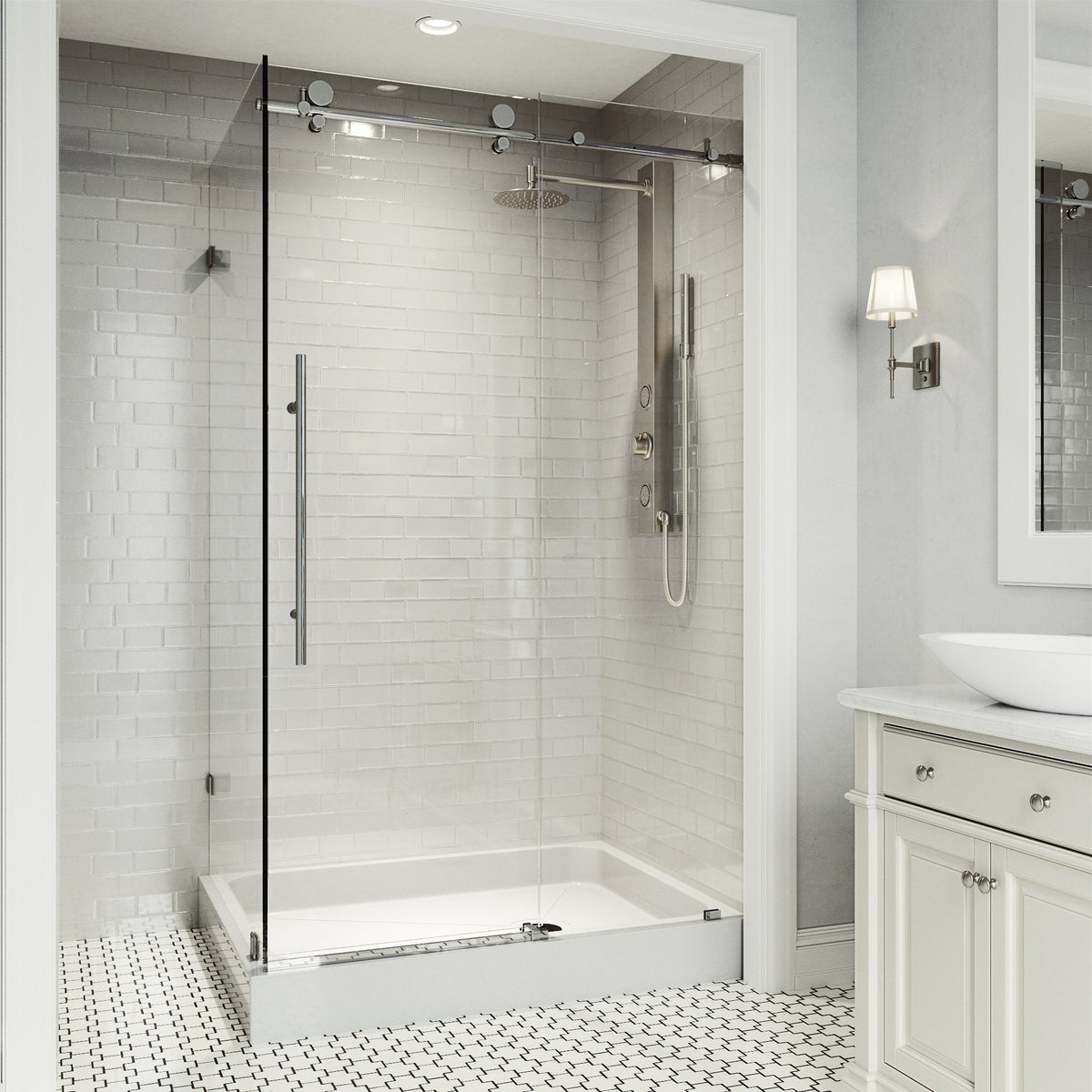 Elan E-Class frameless rectangle shower enclosure with stainless steel frame and white base