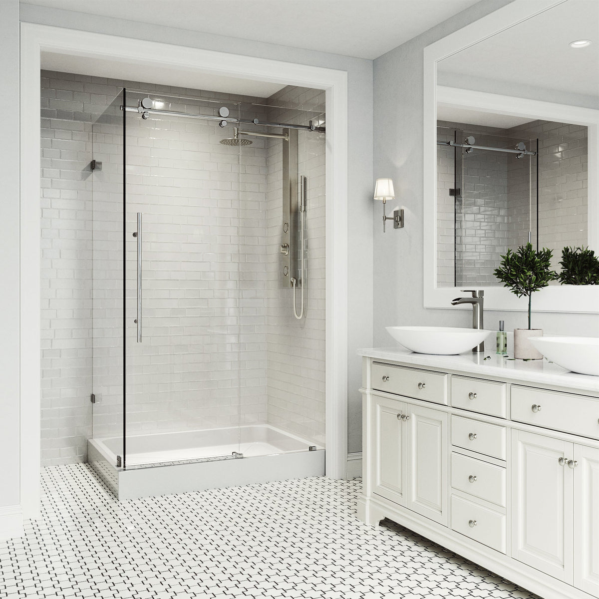 Modern Elan E-Class frameless rectangle shower enclosure with stainless steel frame and white drain base