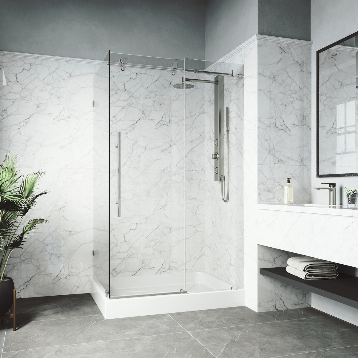 Elan E-Class frameless rectangle shower enclosure with stainless steel frame and white draining base