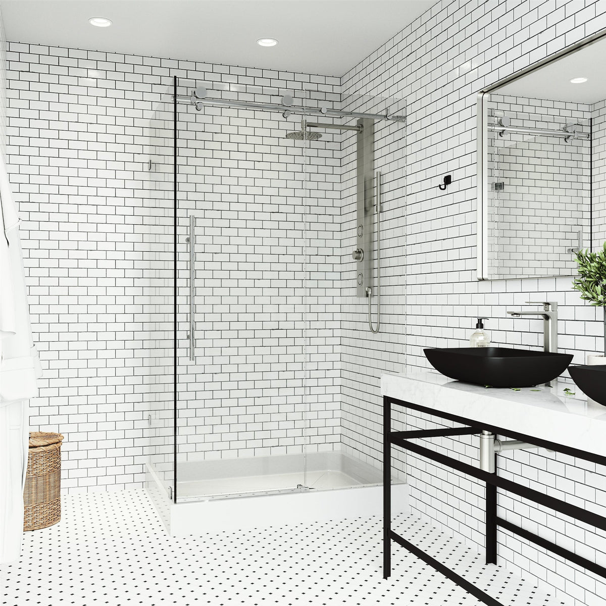 Elan E-Class frameless rectangle shower enclosure with stainless steel frame and white shower base