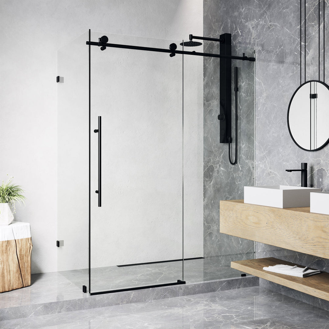 Matte black frameless sliding shower door with clear tempered glass and bar handle