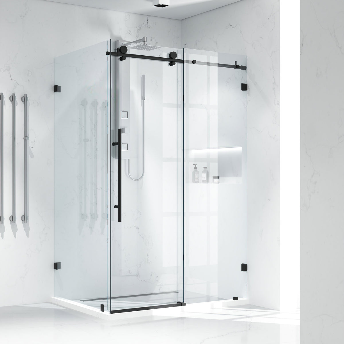Clear glass shower enclosure with matte black finish and sliding door design