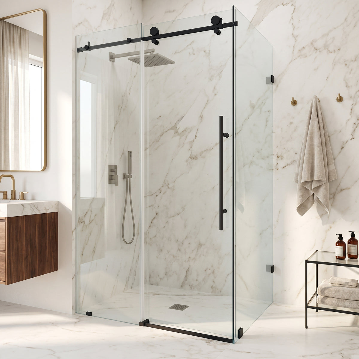 Elan E-Class 34 in. L x 46 in. W x 76 in. H Frameless Sliding Rectangle Shower Enclosure and Elan 24 in. Linear Shower Drain in Matte Black