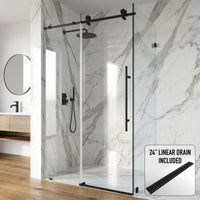 Elan E-Class 34 in. L x 46 in. W x 76 in. H Frameless Sliding Rectangle Shower Enclosure and Elan 24 in. Linear Shower Drain in Matte Black