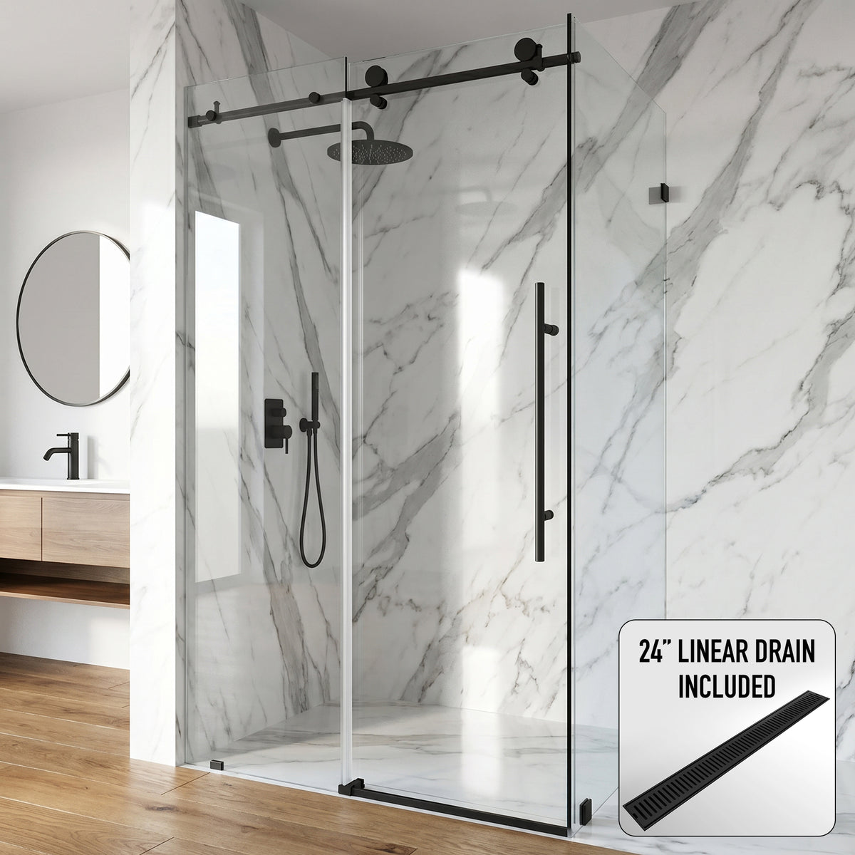 Elan E-Class 34 in. L x 46 in. W x 76 in. H Frameless Sliding Rectangle Shower Enclosure and Elan 24 in. Linear Shower Drain in Matte Black