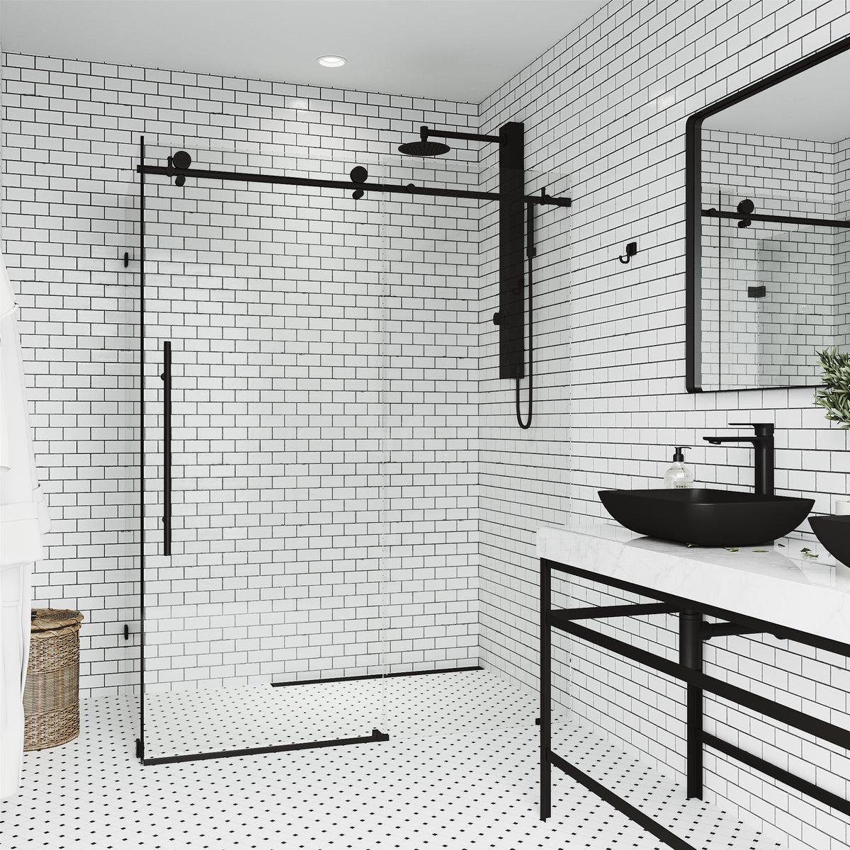 Elan E-Class 34 in. L x 46 in. W x 76 in. H Frameless Sliding Rectangle Shower Enclosure and Elan 24 in. Linear Shower Drain in Matte Black