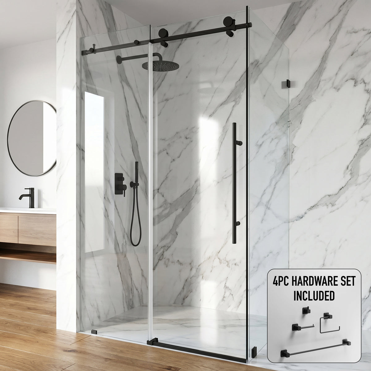 Elan E-Class 34 in. L x 46 in. W x 76 in. H Frameless Sliding Rectangle Shower Enclosure and Meridian 4-Piece Bath Hardware Set in Matte Black