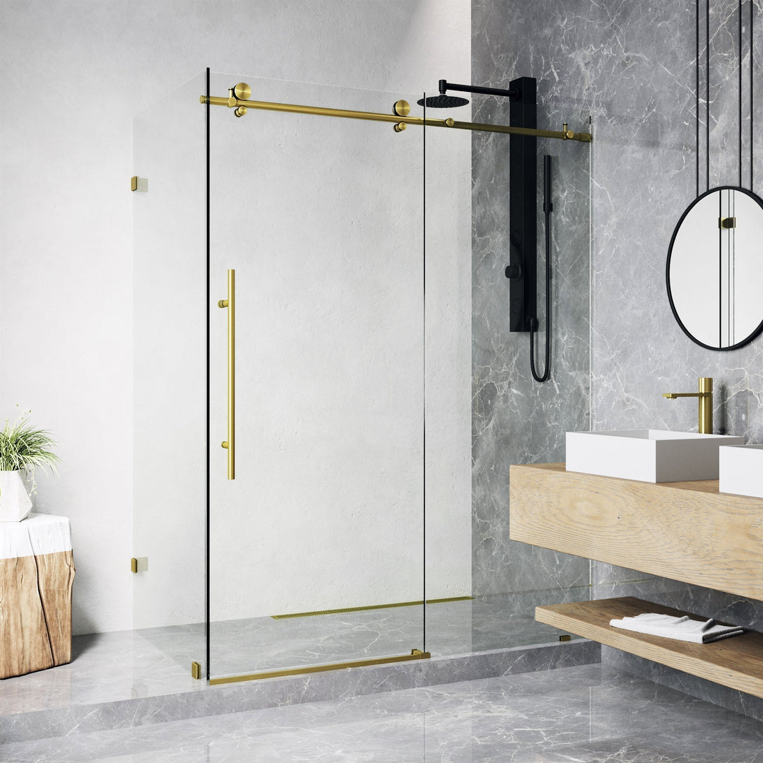 Matte brushed gold frameless sliding shower door with clear tempered glass and bar handle
