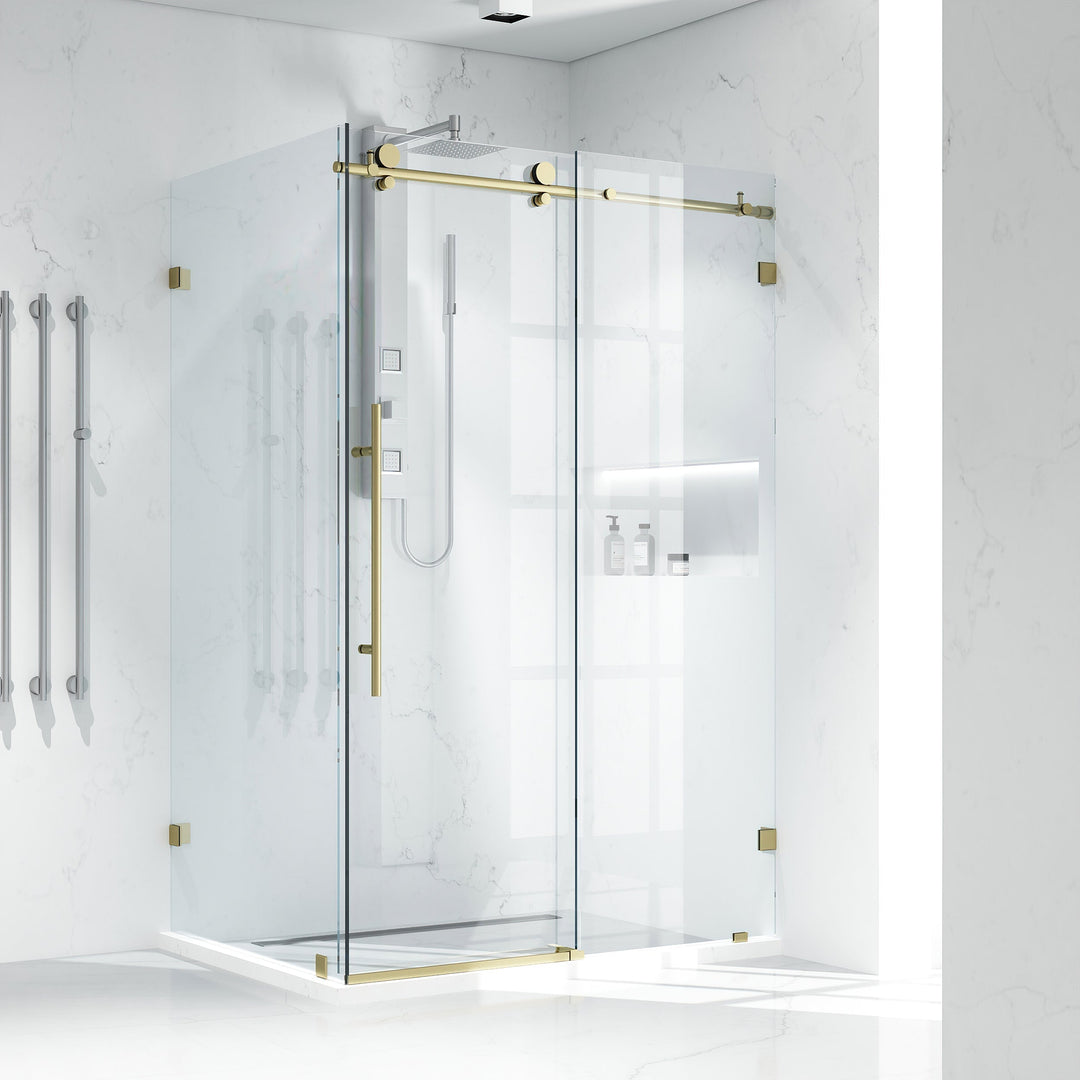 Frameless shower door with matte brushed gold finish, bar handle, and reversible door installation