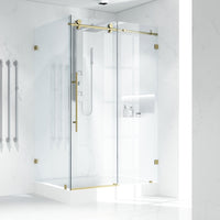 Sliding shower door with matte gold frame, clear glass, and standard installation