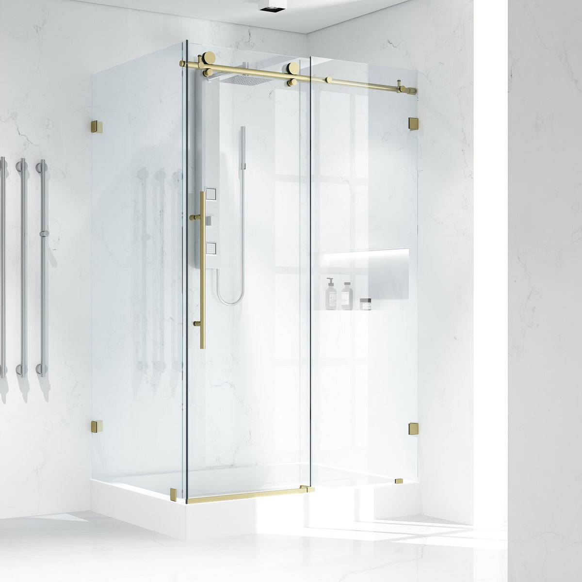 Sliding shower door with matte gold frame, clear glass, and standard installation