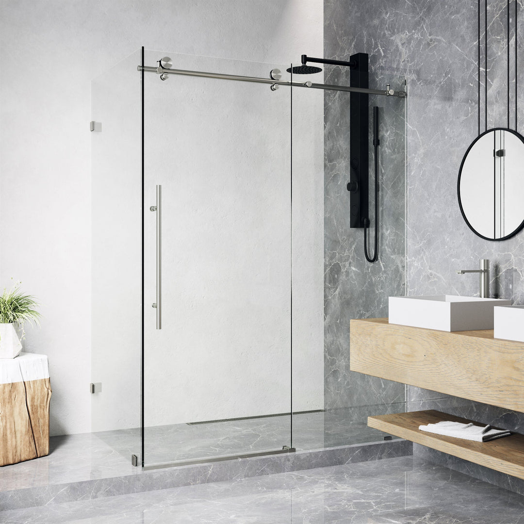 Stainless steel frameless sliding shower door with clear tempered glass and bar handle