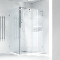 Frameless shower door with stainless steel finish, bar handle, and reversible door installation