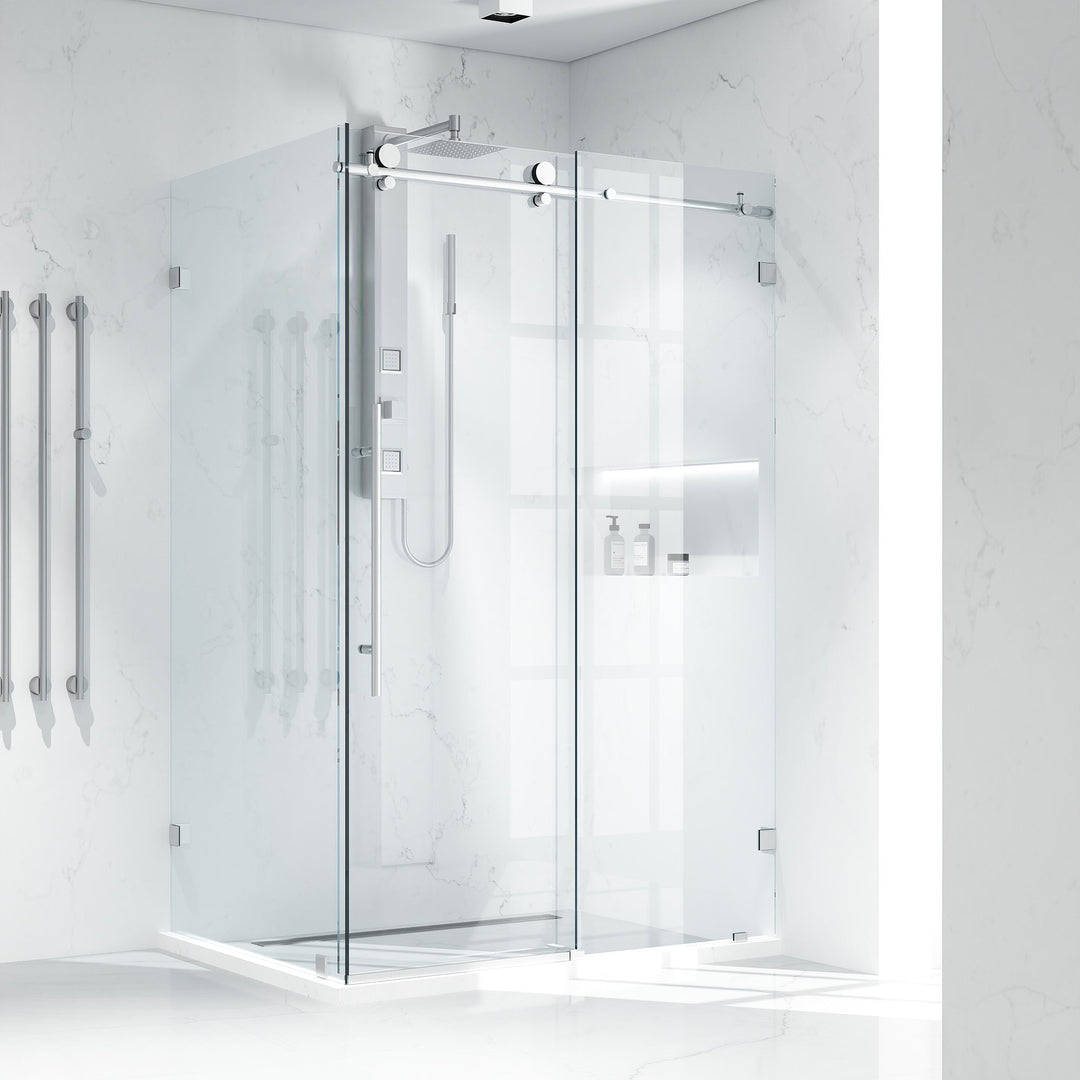 Frameless shower door with stainless steel finish, bar handle, and reversible door installation