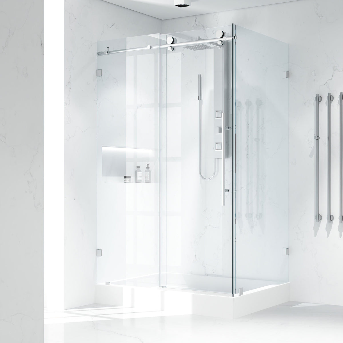 Stainless steel frameless sliding shower door with right installation and clear tempered glass