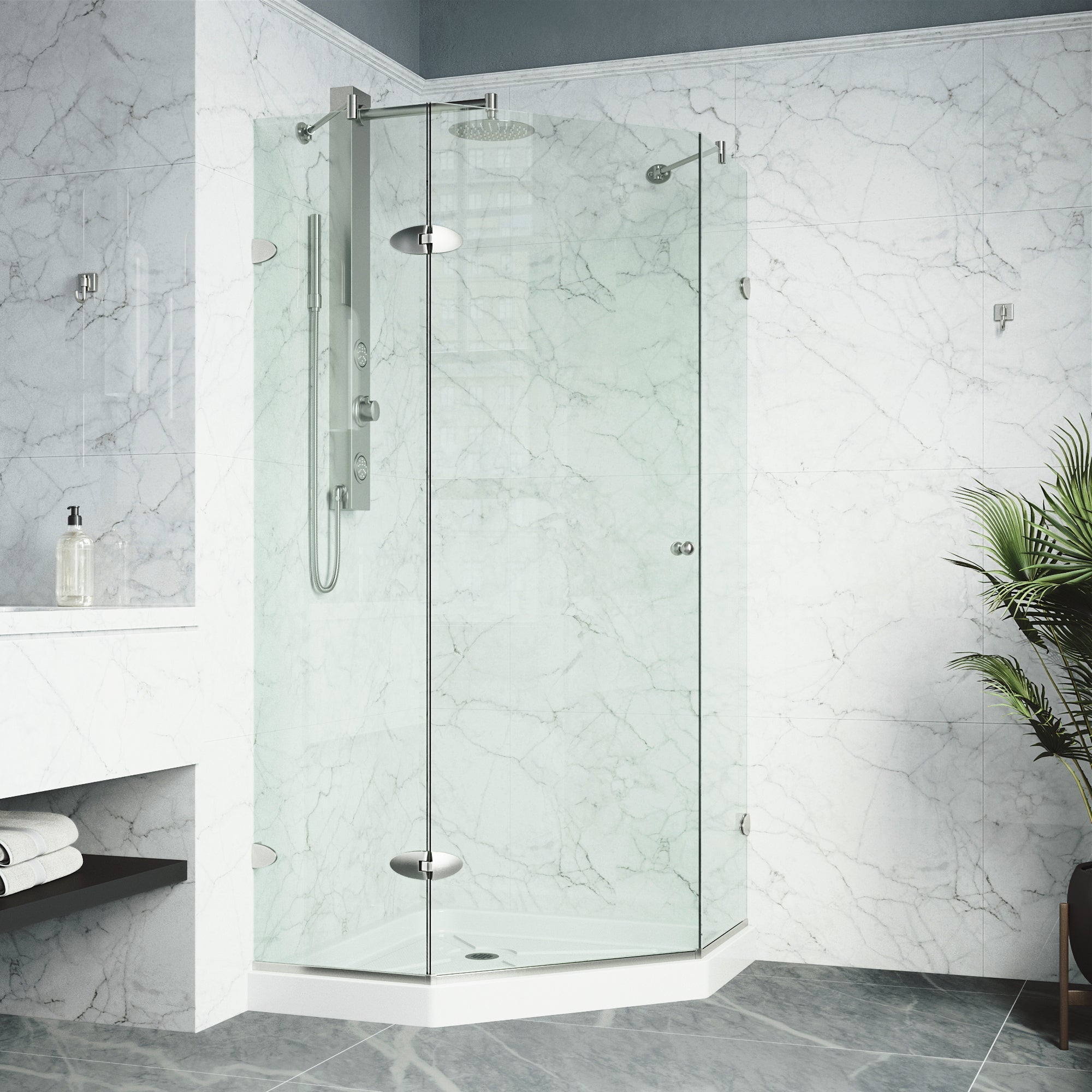 Brushed nickel frameless shower enclosure with tempered clear glass and pivot/hinged door