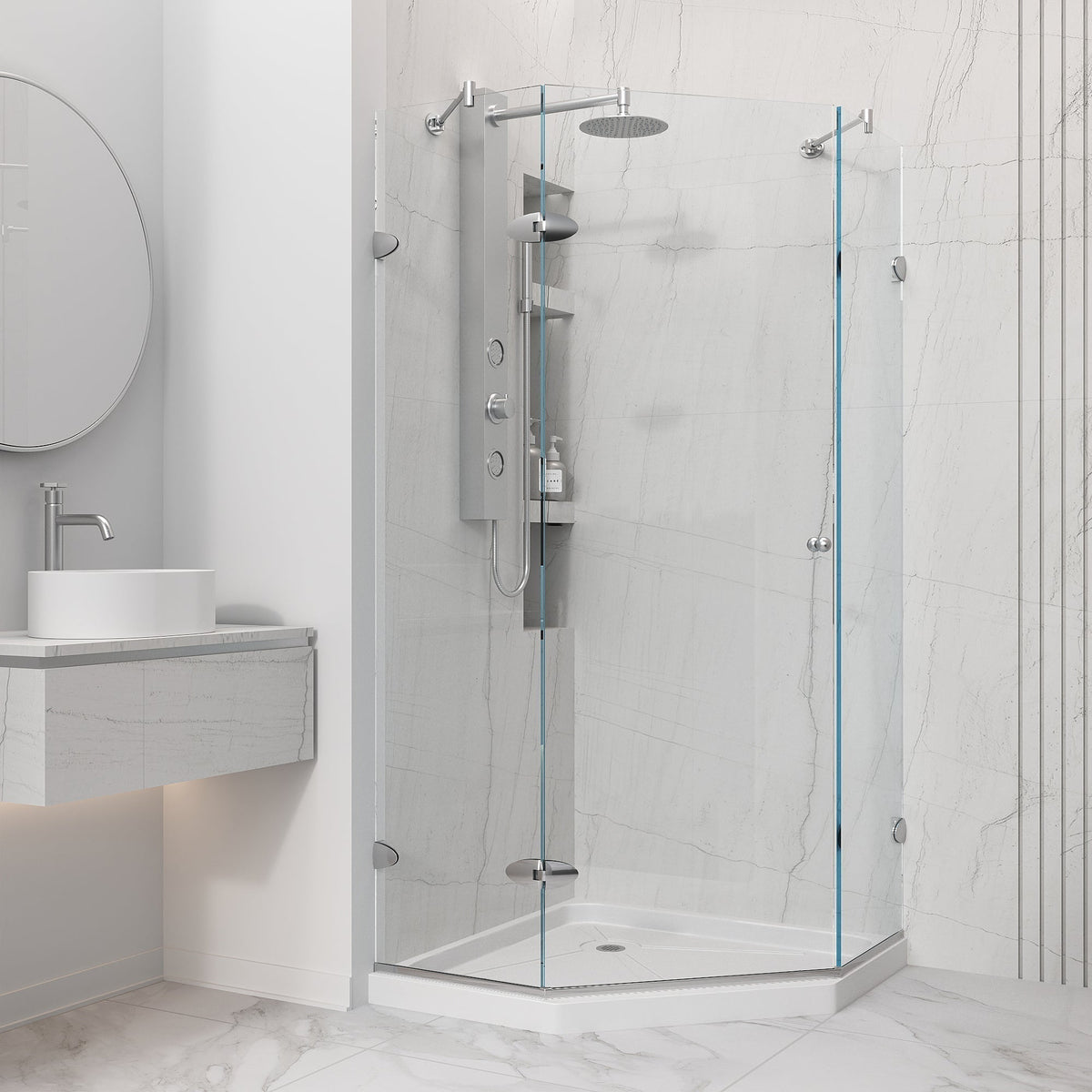 Frameless shower with tempered glass and reversible door opening