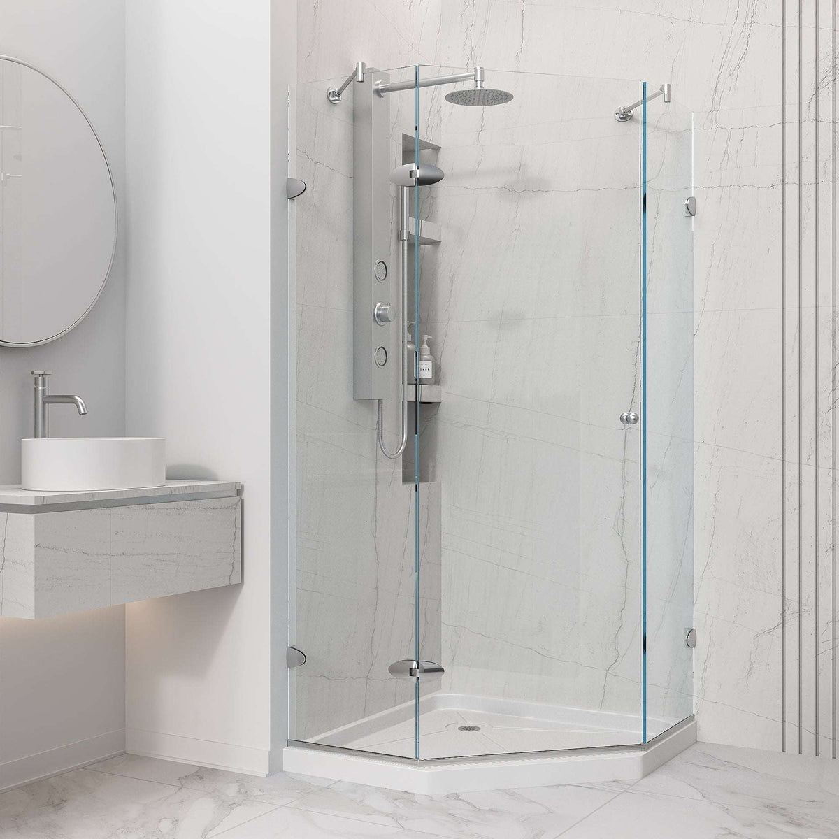 Frameless shower with tempered glass and reversible door opening