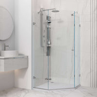 Frameless shower with tempered glass and reversible door opening