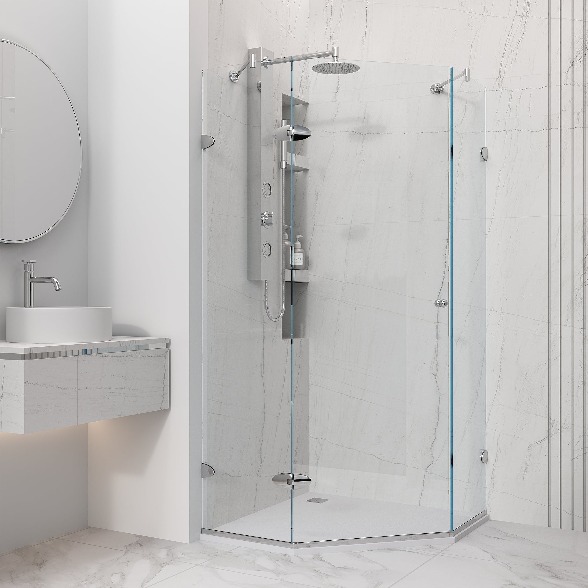 VIGO Verona neo angle shower enclosure with frameless pivot doors and clear tempered glass in chrome finish