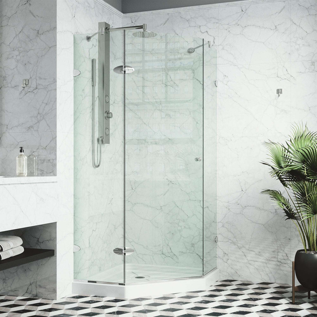 Chrome frameless shower enclosure with tempered clear glass and neo-angle installation