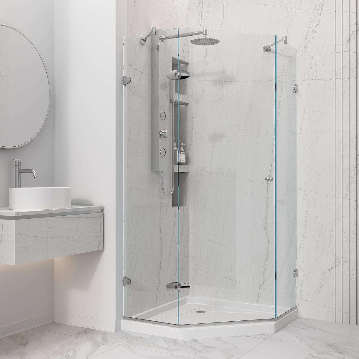 Frameless shower with tempered glass and reversible door opening