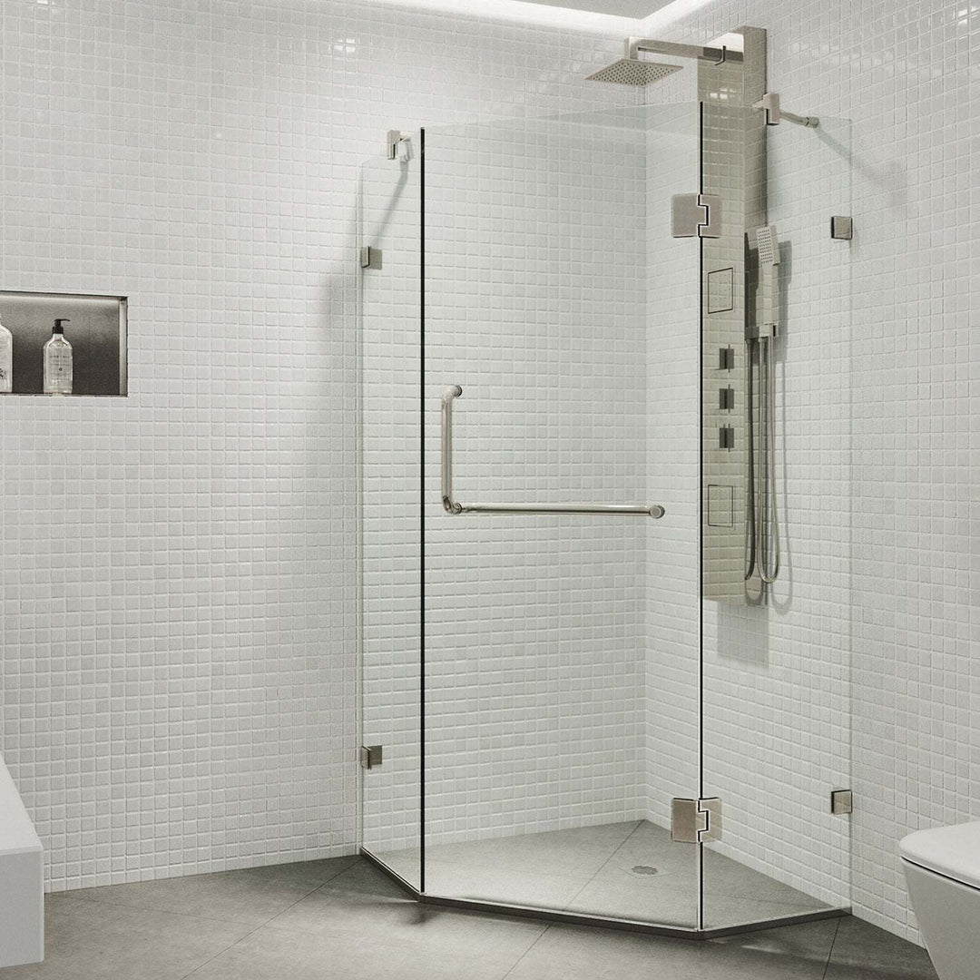Brushed nickel frameless shower enclosure with tempered clear glass and bar handle