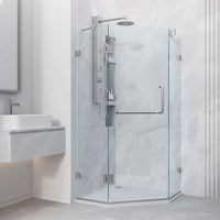 Frameless shower door with brushed nickel finish and tempered safety glass