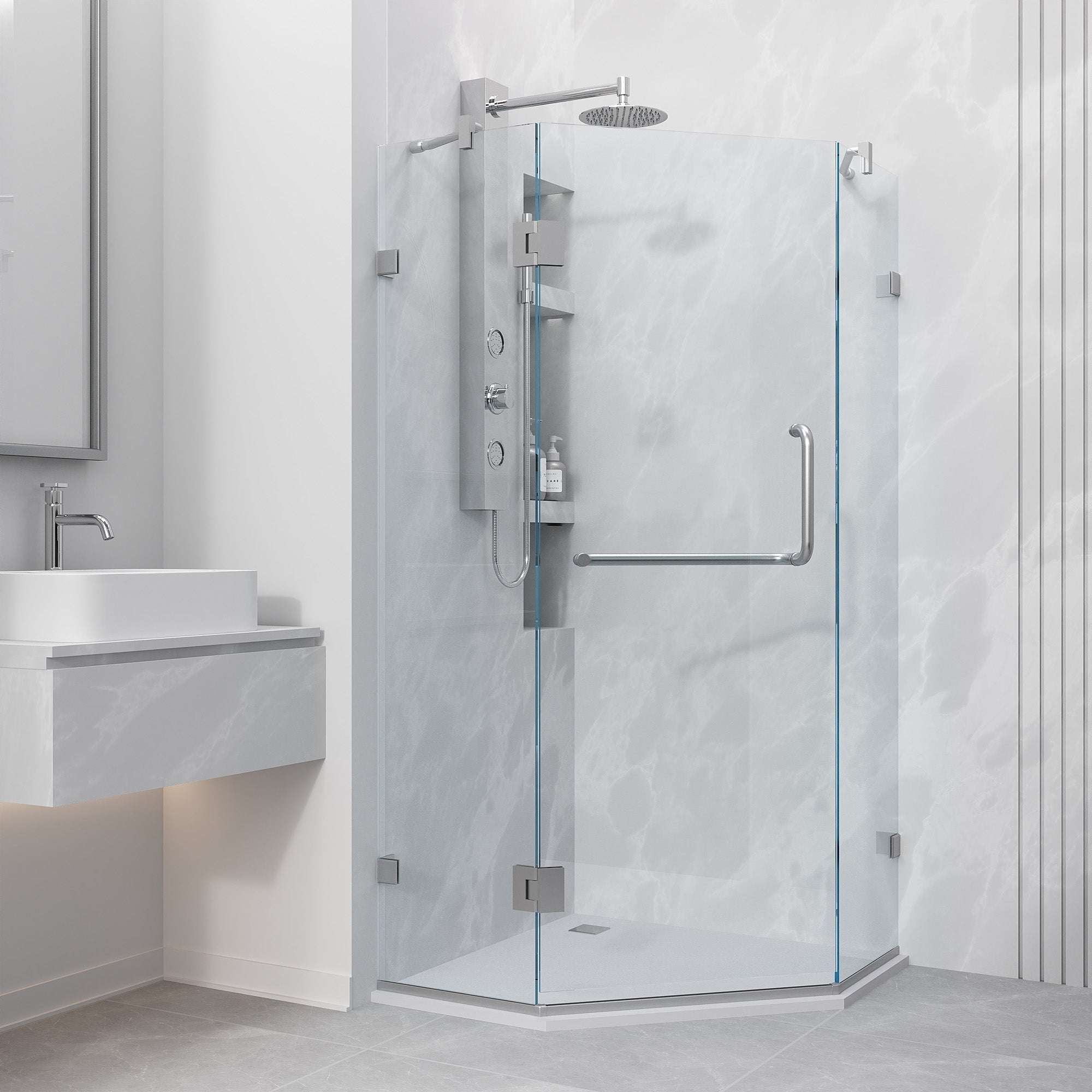 VIGO Piedmont Neo-Angle Shower Enclosure with clear glass, chrome frame, and low-profile base