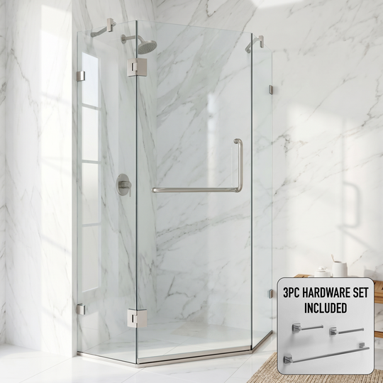 Piedmont 34 in. L x 34 in. W x 73 in. H Frameless Hinged Neo-angle Shower Enclosure and Satro 3-Piece Bath Hardware Set in Brushed Nickel