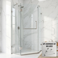 Piedmont 34 in. L x 34 in. W x 73 in. H Frameless Hinged Neo-angle Shower Enclosure and Meridian 4-Piece Bath Hardware Set in Brushed Nickel