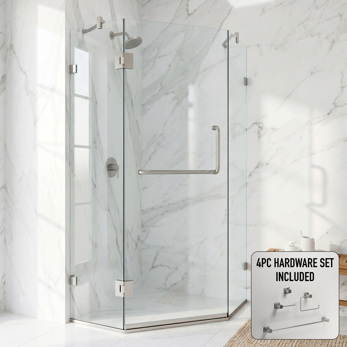 Piedmont 34 in. L x 34 in. W x 73 in. H Frameless Hinged Neo-angle Shower Enclosure and Meridian 4-Piece Bath Hardware Set in Brushed Nickel