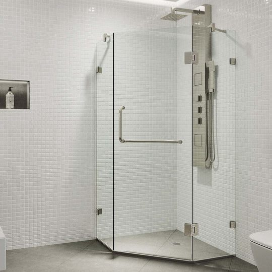 Brushed nickel frameless shower enclosure with 73-inch height