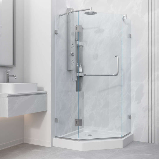 Frameless shower with slip-resistant floor and tempered safety glass