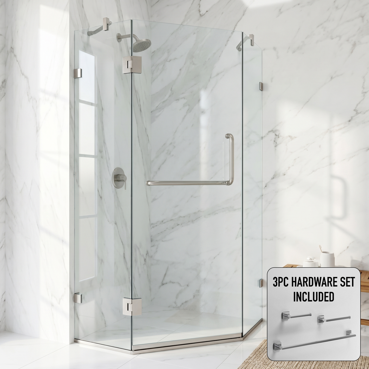 Piedmont 38 in. L x 38 in. W x 73 in. H Frameless Hinged Neo-angle Shower Enclosure and Satro 3-Piece Bath Hardware Set in Brushed Nickel