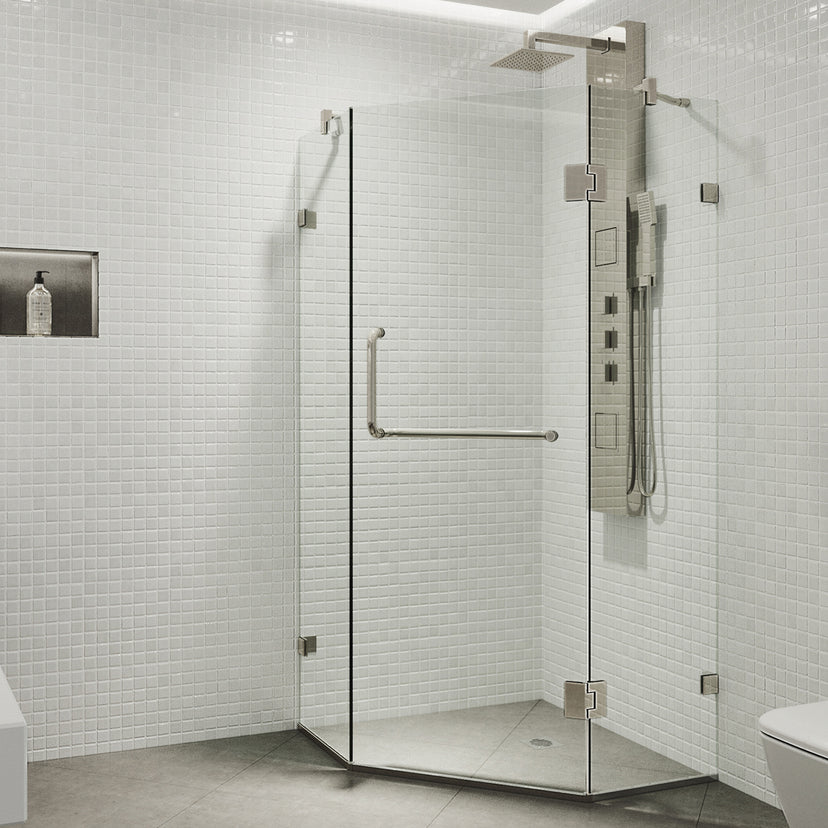 Piedmont 38 in. L x 38 in. W x 73 in. H Frameless Hinged Neo-angle Shower Enclosure and Satro 3-Piece Bath Hardware Set in Brushed Nickel