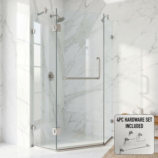 Piedmont 38 in. L x 38 in. W x 73 in. H Frameless Hinged Neo-angle Shower Enclosure and Meridian 4-Piece Bath Hardware Set in Brushed Nickel