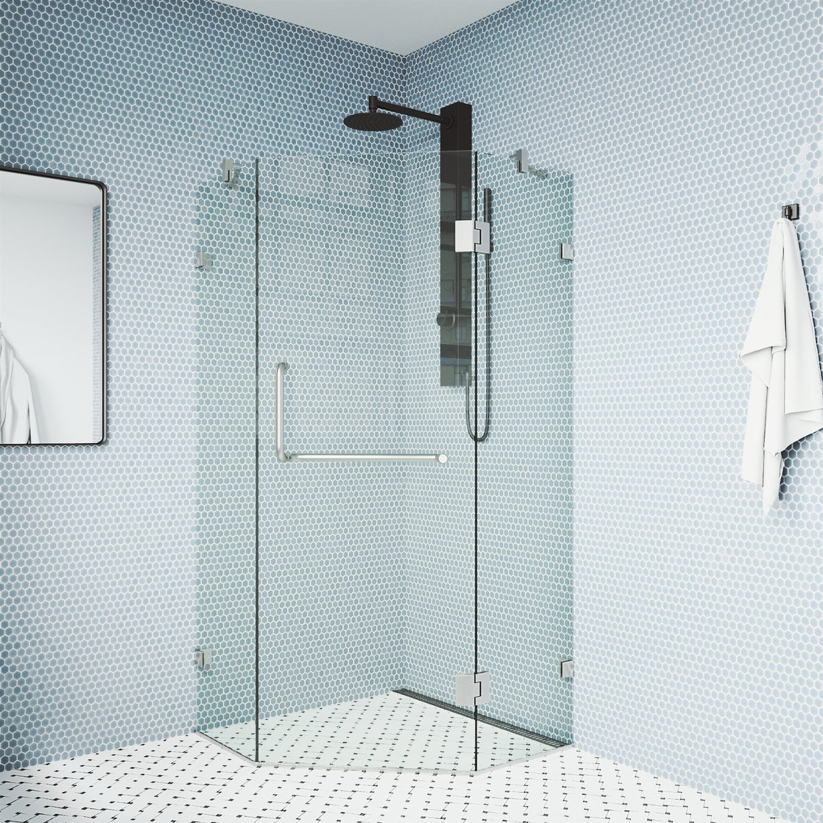 Piedmont 38 in. L x 38 in. W x 73 in. H Frameless Hinged Neo-angle Shower Enclosure and Meridian 4-Piece Bath Hardware Set in Brushed Nickel