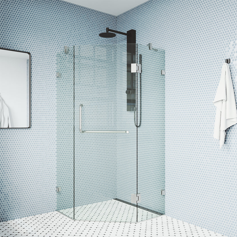 Piedmont 38 in. L x 38 in. W x 73 in. H Frameless Hinged Neo-angle Shower Enclosure and Meridian 4-Piece Bath Hardware Set in Brushed Nickel