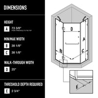 Piedmont 38 in. L x 38 in. W x 73 in. H Frameless Hinged Neo-angle Shower Enclosure and Meridian 4-Piece Bath Hardware Set in Brushed Nickel