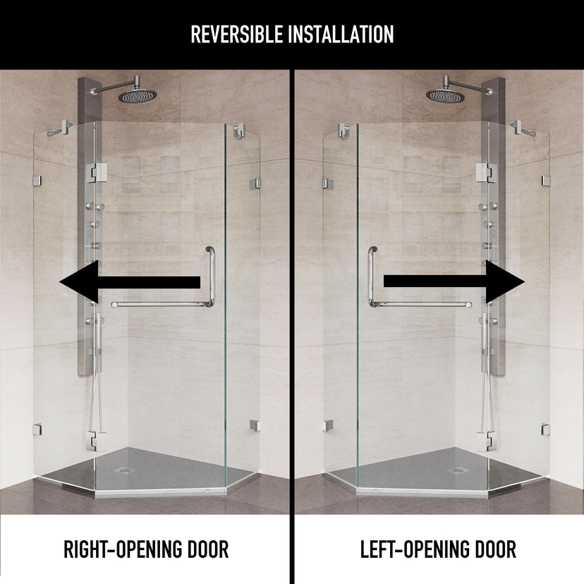 Piedmont 38 in. L x 38 in. W x 73 in. H Frameless Hinged Neo-angle Shower Enclosure and Meridian 4-Piece Bath Hardware Set in Brushed Nickel