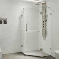Piedmont 38 in. L x 38 in. W x 73 in. H Frameless Hinged Neo-angle Shower Enclosure and Meridian 4-Piece Bath Hardware Set in Brushed Nickel