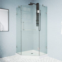 Brushed nickel shower enclosure with base and 77-inch height