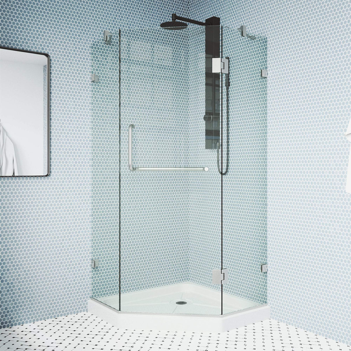 Brushed nickel shower enclosure with base and 77-inch height